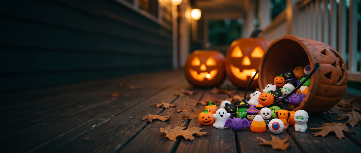 Halloween mochi squishies spilling from a jack-o'-lantern pail on a porch at dusk